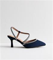 Women's Wide Fit Navy Diamante Trim Slingback Heel Sandals Vegan New Look