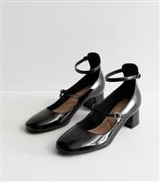 Women's Black Patent Leather-Look Block Heel Mary Jane Shoes Vegan New Look