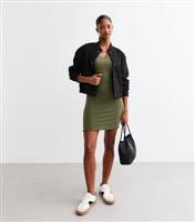 Women's Khaki Scoop Neck Ribbed Mini Dress New Look