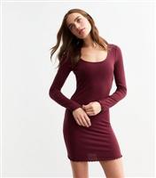 Women's Burgundy Scoop Neck Ribbed Mini Dress New Look