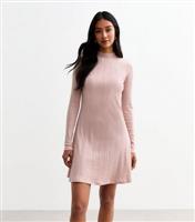 Women's Pale Pink Ribbed Long Sleeve Skater Mini Dress New Look