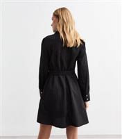 Women's Black Belted Crinkled Mini Shirt Dress New Look
