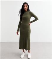 Women's Khaki Seam Detail Ribbed Long Sleeve Midi Dress New Look
