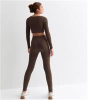 Girls' Brown Ribbed Leggings New Look