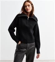 Women's Black Ribbed Knit Half Zip Jumper New Look