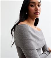Women's Grey Ribbed Knit Bardot Top New Look