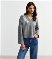 Women's Grey Sequin Embellished V Neck Jumper New Look