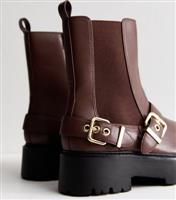 Women's Rust Leather Look Buckle Detail Chunky Boots Vegan New Look