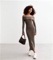 Women's Brown Ribbed Bardot Long Sleeved Midi Dress New Look