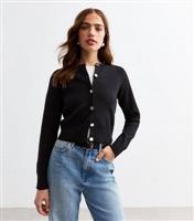 Women's Black Compact Knit Gold Button Cardigan New Look