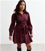 Women's Petite Burgundy Belted Mini Shirt Dress New Look