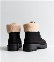 Women's Wide Fit Black Borg Trim Lace Up Ankle Boots Vegan New Look