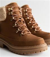 Women's Wide Fit Tan Borg Trim Lace Up Ankle Boots Vegan New Look