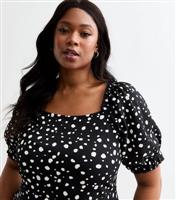 Women's Plus Size Black Spot Print Crinkle Puff Sleeve Mini Dress Curves New Look