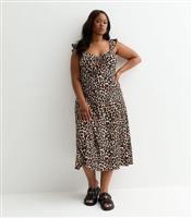 Women's Plus Size Brown Crinkle Leopard Print Ruched Front Midi Dress Curves New Look
