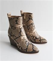 Women's Brown Snakeskin Leather Look High Ankle Boots Vegan New Look
