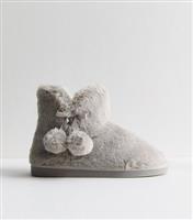 Women's Grey Pom Pom Faux Fur Ankle Boot Slippers New Look