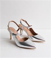 Women's Silver Slingback Stiletto Heel Court Shoes Vegan New Look