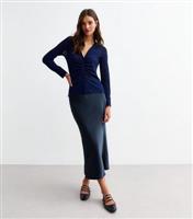Women's Navy Blue Satin Bias Cut Midi Skirt New Look