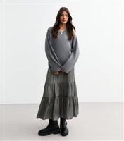 Women's Grey Glossy Satin Tiered Midi Skirt New Look