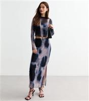 Women's Black Abstract Print Mesh Side Split Midi Skirt New Look