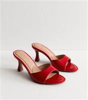 Women's Red Leather-Look Heeled Mule Sandals Vegan New Look