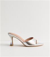 Women's Silver Leather-Look Heeled Mule Sandals Vegan New Look