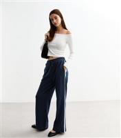 Women's Navy Pintuck Wide Leg Drawstring Joggers New Look