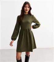 Women's Khaki Funnel Neck Crinkle Textured Mini Dress New Look