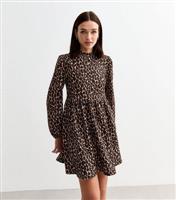 Women's Brown Leopard Print Crinkle Funnel Neck Mini Dress New Look