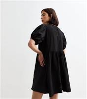 Women's Black Crinkle Bow Mini Smock Dress New Look