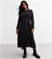 Women's Plus Size Black 2 in 1 Crew Neck Knit And Satin Midi Dress Curves New Look