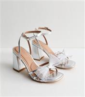 Women's Silver Mesh Bow Block Heel Sandals Vegan New Look