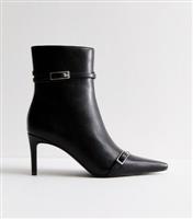 Women's Black Leather-Look Heel Ankle Boots Vegan New Look