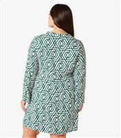 Women's Plus Size Green Geometric Print Flared Sleeve Mini Dress Curves Apricot New Look