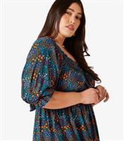 Women's Plus Size Navy Floral Milkmaid Mini Dress Curves Apricot New Look