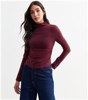 Women's Burgundy High Neck Ruched Long Sleeve Top New Look