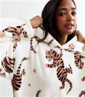 Women's White Tiger Print Oversized Fleece Hoodie New Look