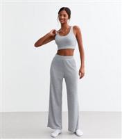 Women's Grey Waffle Rib Wide Leg Pyjama Joggers New Look