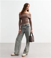 Women's Brown Ribbed Foldover Bardot Top New Look