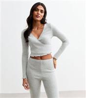 Women's Grey Ribbed Jersey Wrap Top New Look