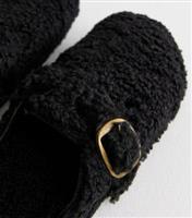 Women's Black Buckled Borg Mule Slippers New Look