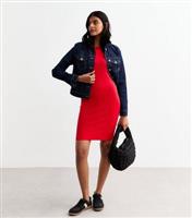 Women's Red Ribbed Long Sleeved Mini Dress New Look