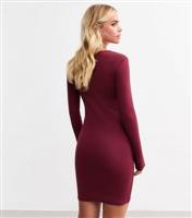 Women's Petite Burgundy Ribbed Long Sleeved Mini Dress New Look