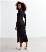 Women's Black Scoop Neck Ribbed Belted Midi Dress New Look