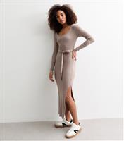 Women's Camel Scoop Neck Ribbed Belted Midi Dress New Look