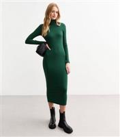 Women's Dark Green Ribbed Roll Neck Midi Dress New Look