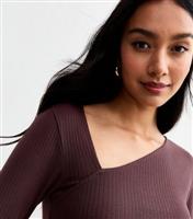 Women's Dark Brown Asymmetric Neck Bodycon Long Sleeve Dress New Look