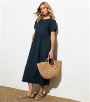 Women's Navy Crinkled Short Sleeved Midi Dress New Look