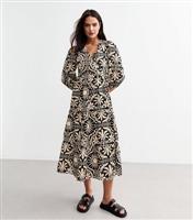 Women's Black Tile Pattern Wrap Front Midi Dress New Look